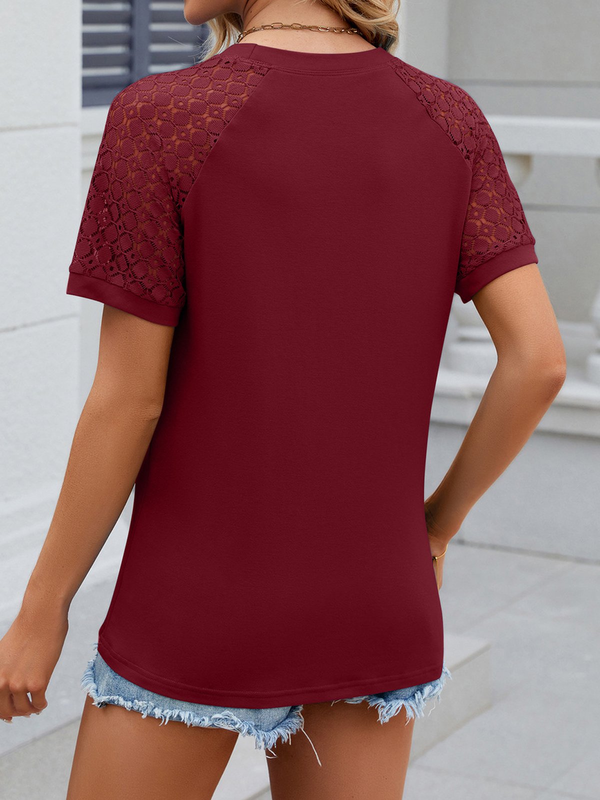 Crew Neck Short Sleeve Plain Lace Regular Micro-Elasticity Loose Shirt For Women