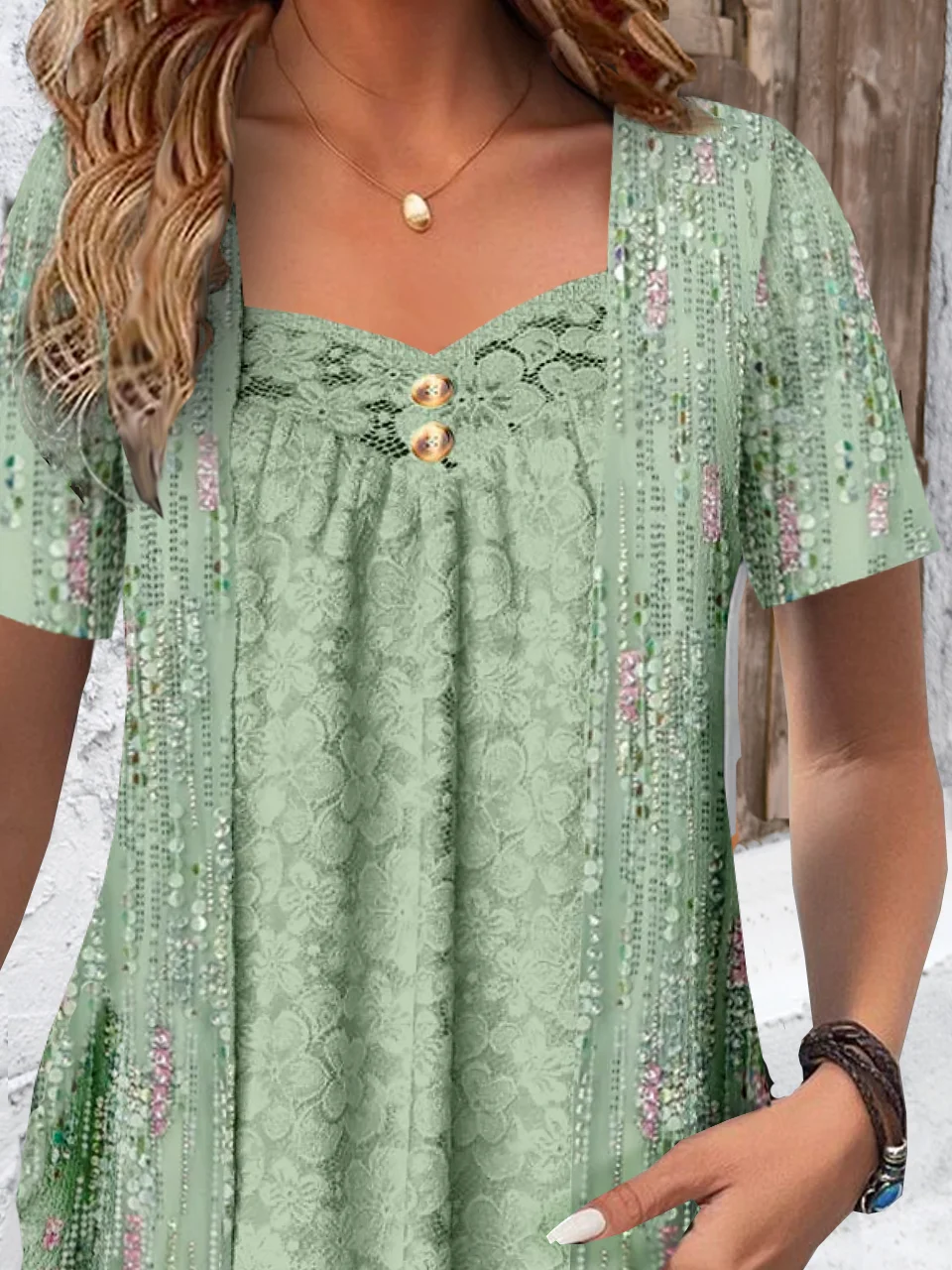 Short Sleeve Disty Floral Lace Regular Loose Shirt For Women