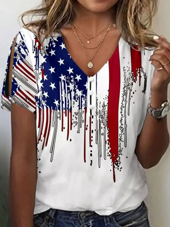 Casual America Flag V Neck Short Sleeve T-shirt