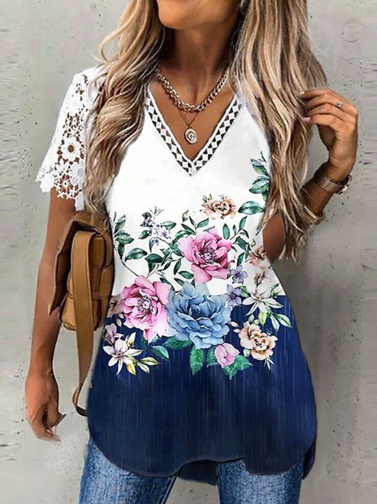 V Neck Short Sleeve Floral Lace Lightweight Micro-Elasticity Loose Mock Two-Piece Shirt For Women