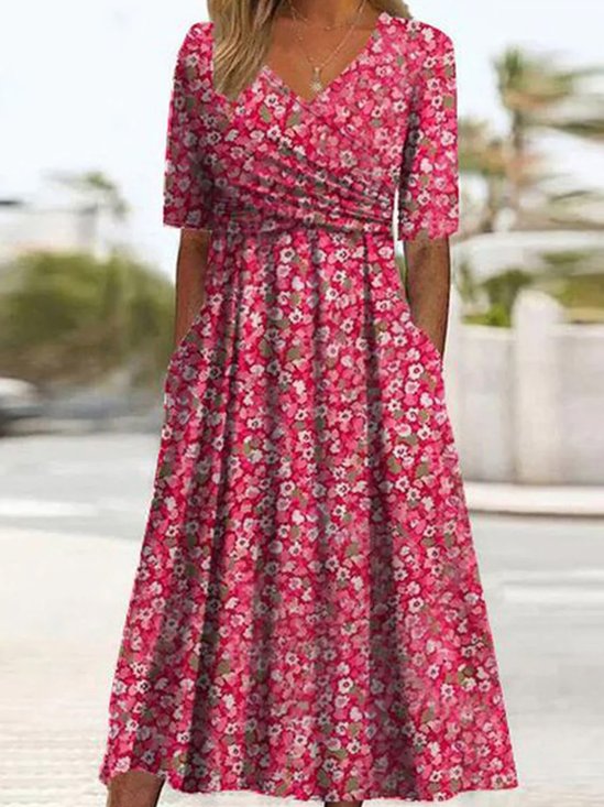 Women Small Floral V Neck Short Sleeve Comfy Casual Maxi Dress