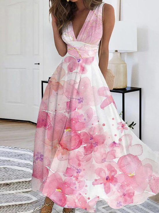 Women Floral V Neck Sleeveless Comfy Casual Maxi Dress