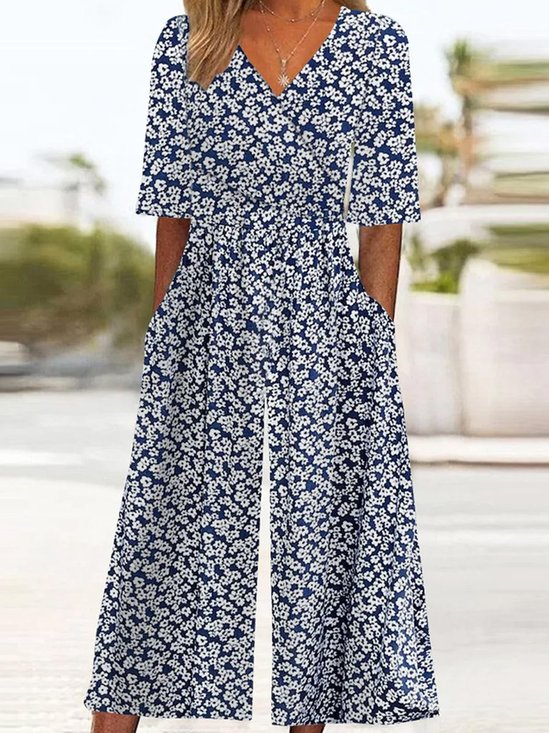 Women Short Sleeve V Neck Loose Ankle Pants Daily Casual Small Floral Natural Jumpsuit
