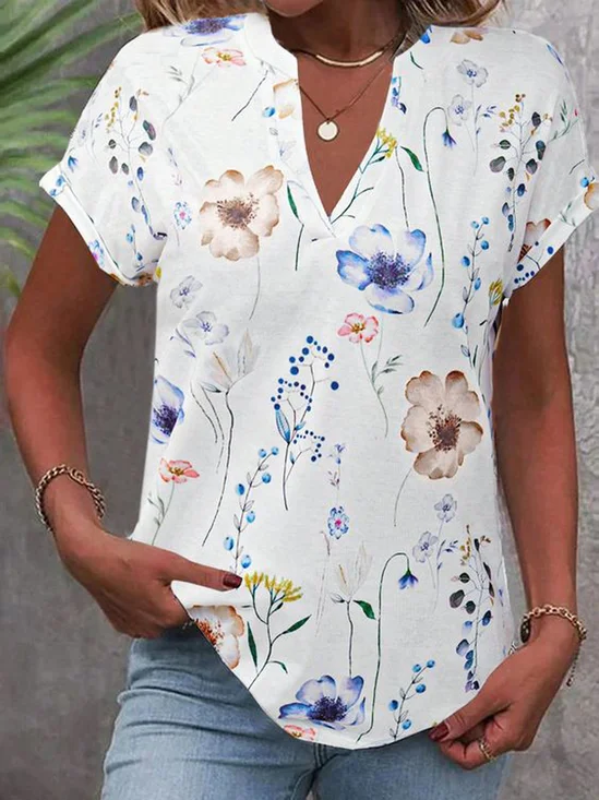 V Neck Short Sleeve Floral Lightweight Micro-Elasticity Loose Shirt For Women