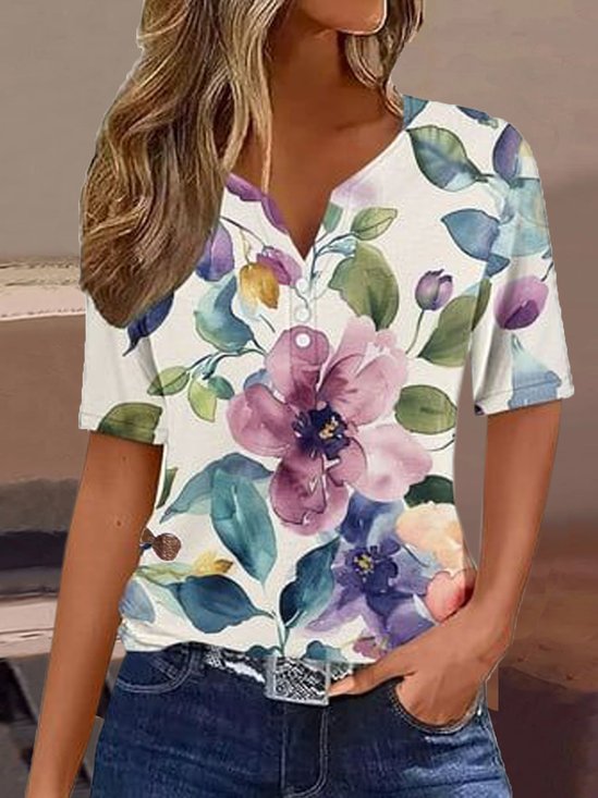 Notched Short Sleeve Floral Lightweight Micro-Elasticity Loose Shirt For Women