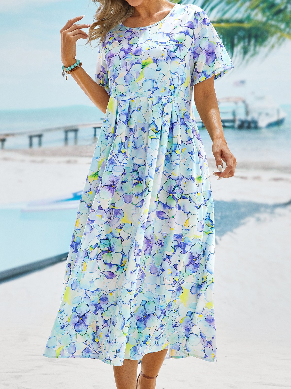 Women's A Line Dress Maxi long Dress blue Short Sleeve Floral Ruched Pocket Print Woven Summer Fall Crew Neck Casual 2022
