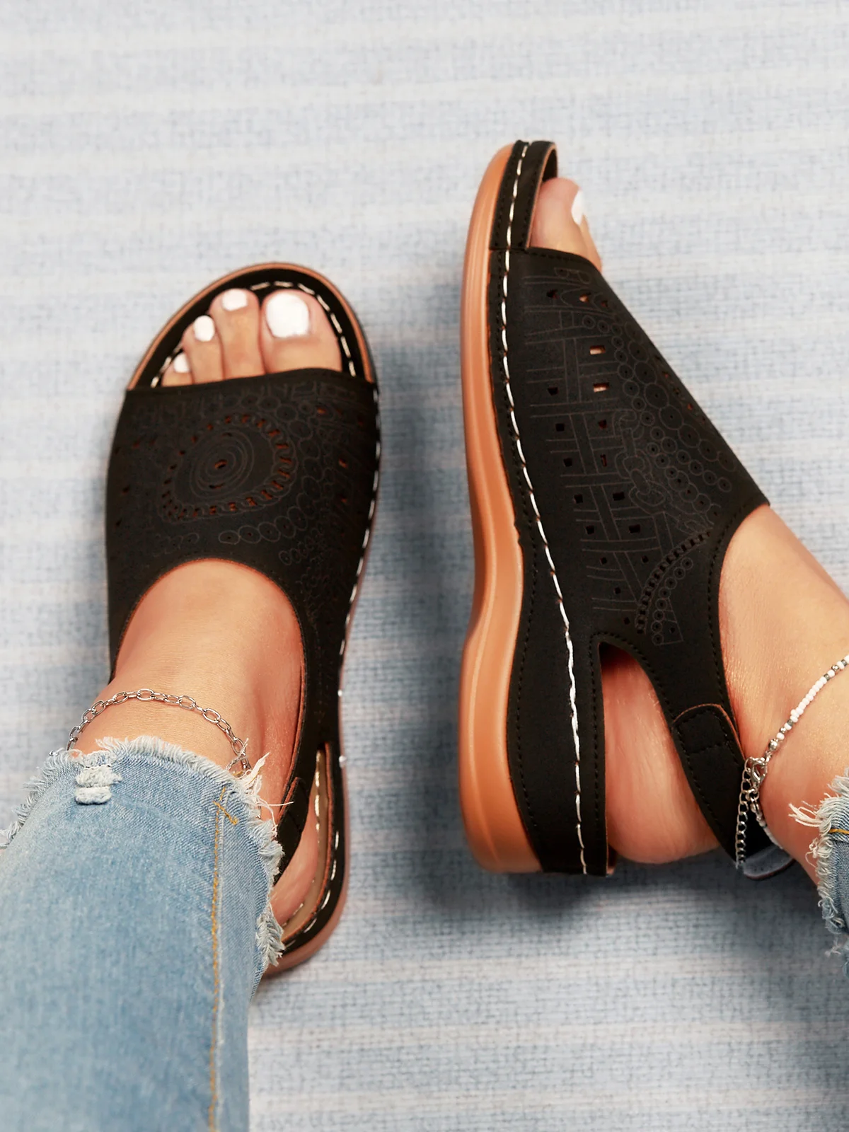 Ethnic Pattern Punched Hollow Velcro Vintage Sandals