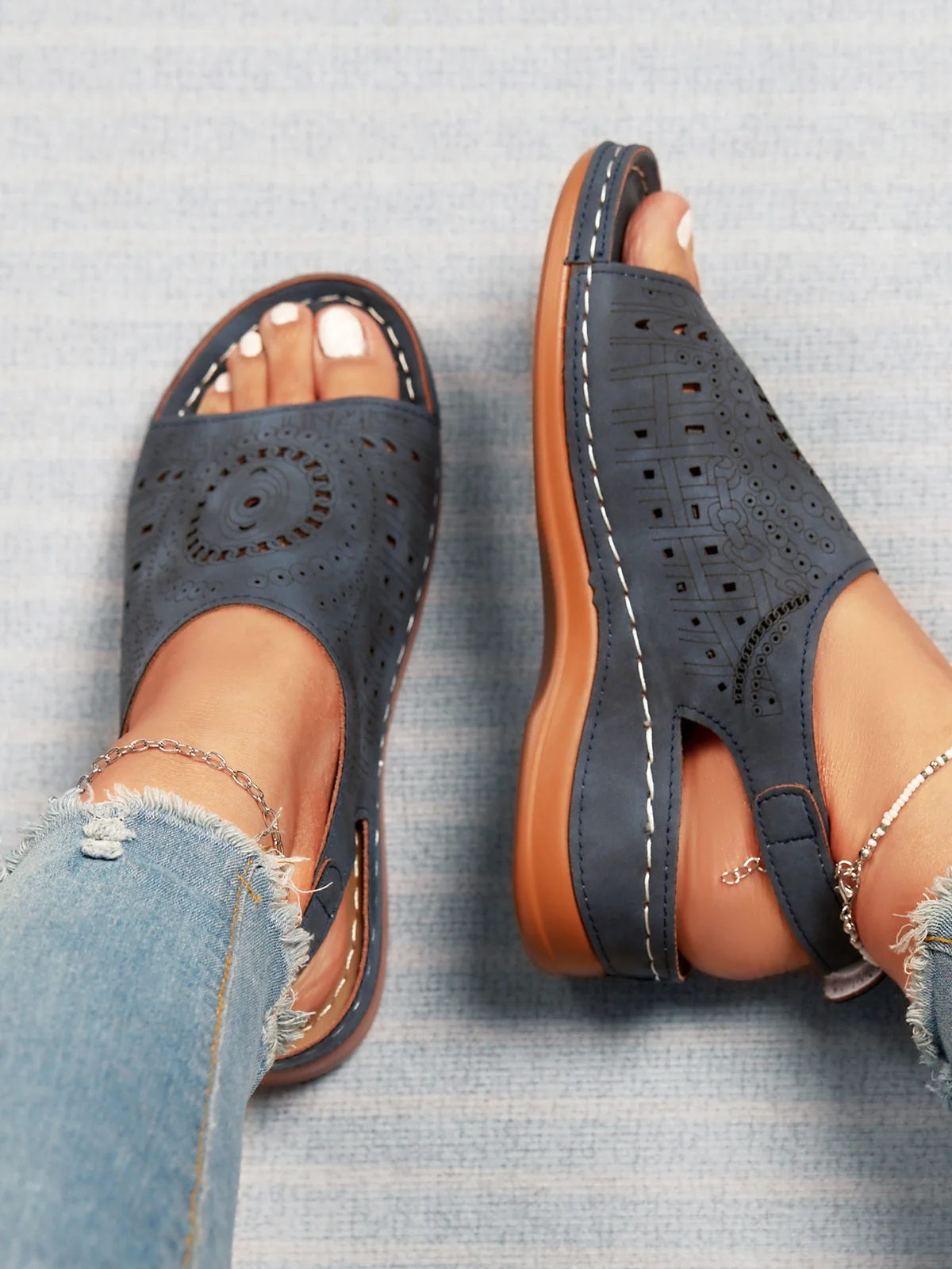 Ethnic Pattern Punched Hollow Velcro Vintage Sandals