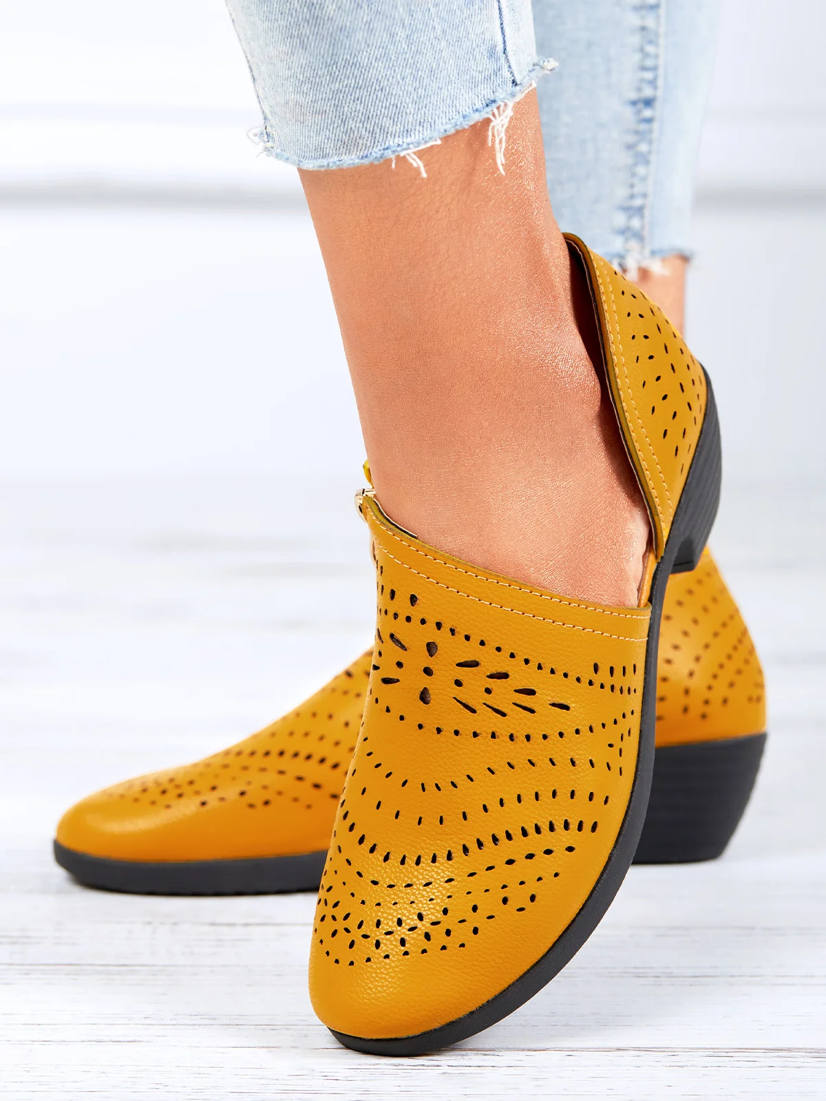 Laser Cutout Comfortable Breathable Chunky Heel Ankle Boots