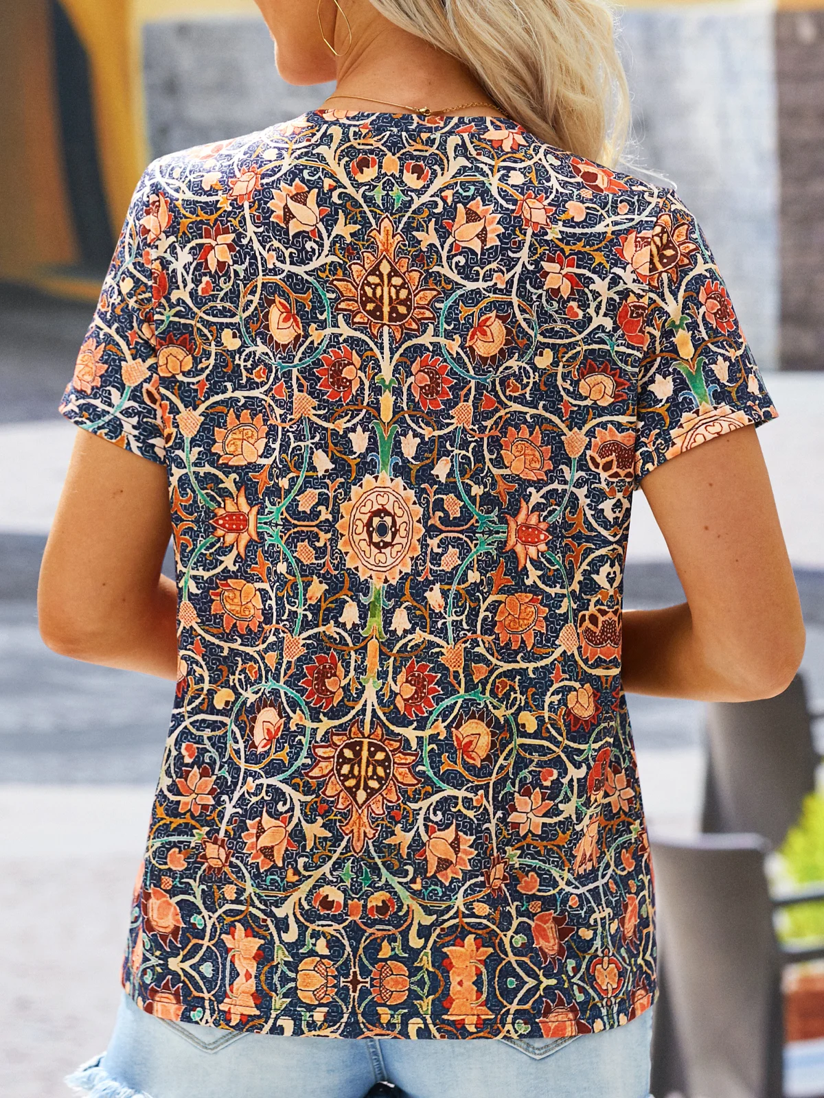 Casual Crew Neck Loose Ethnic T-Shirt