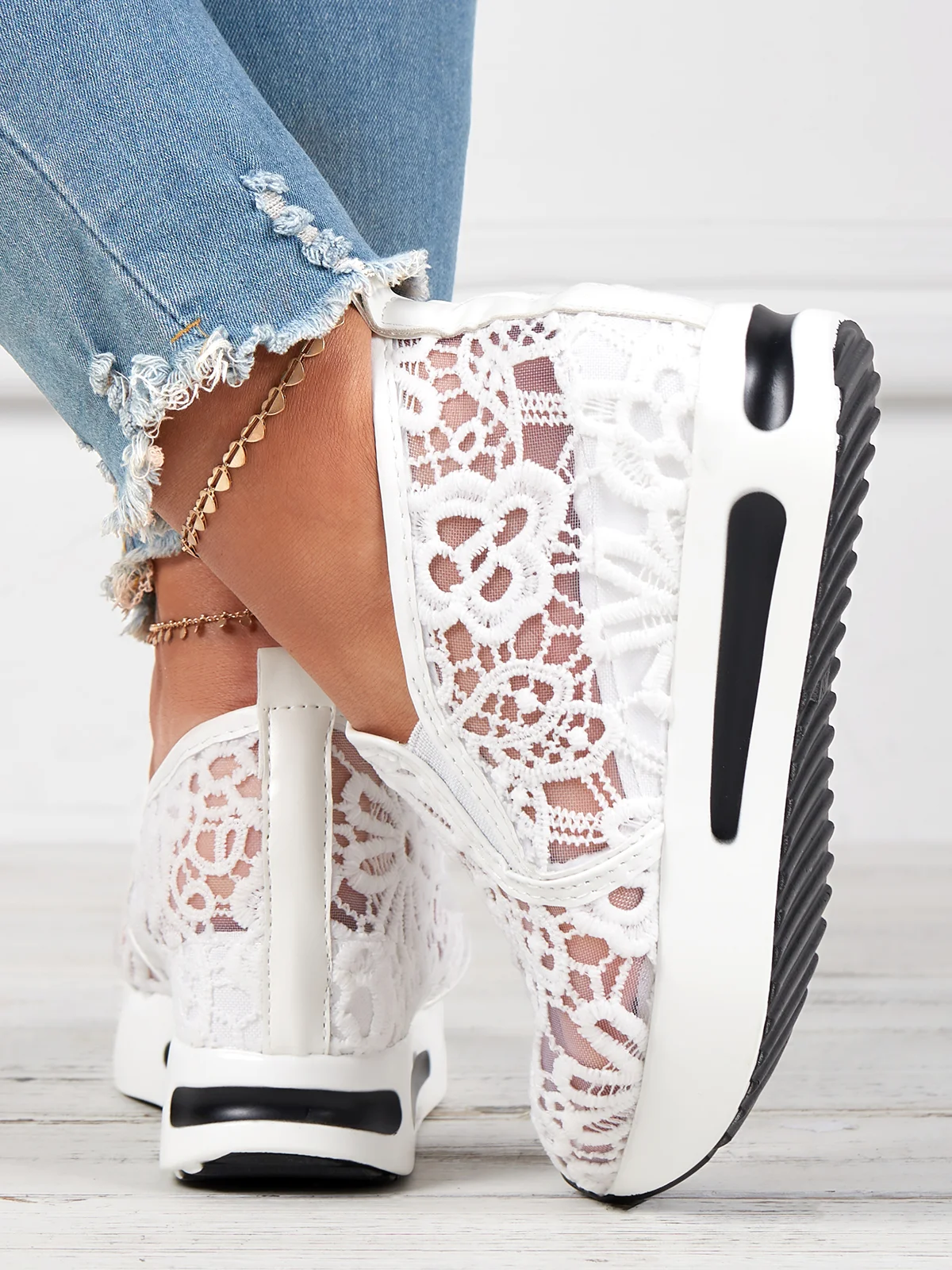 Floral Embroidered Mesh Paneled Slip-On Wedge Sneakers