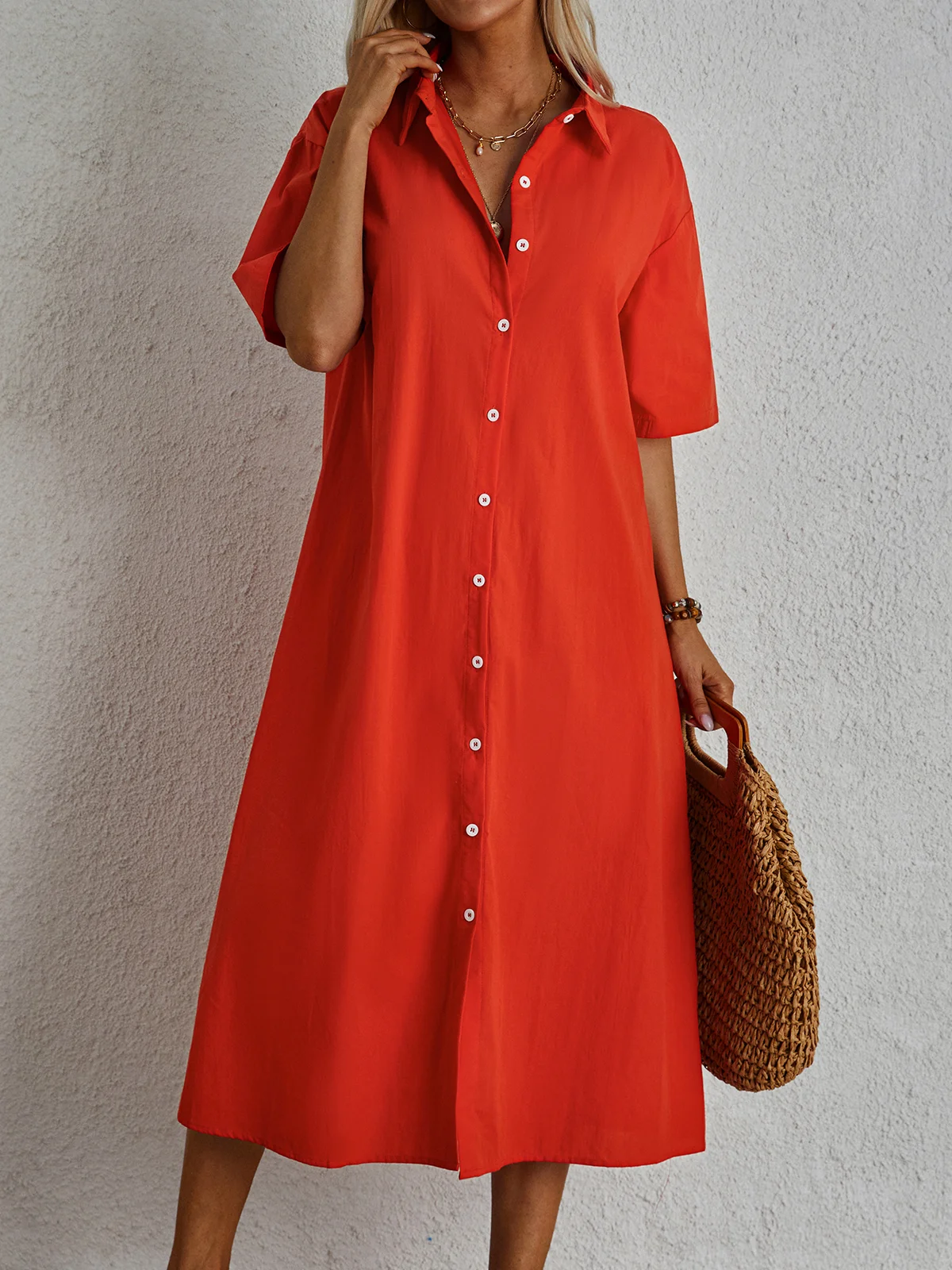 Loose Shirt Collar Casual Cotton Dress