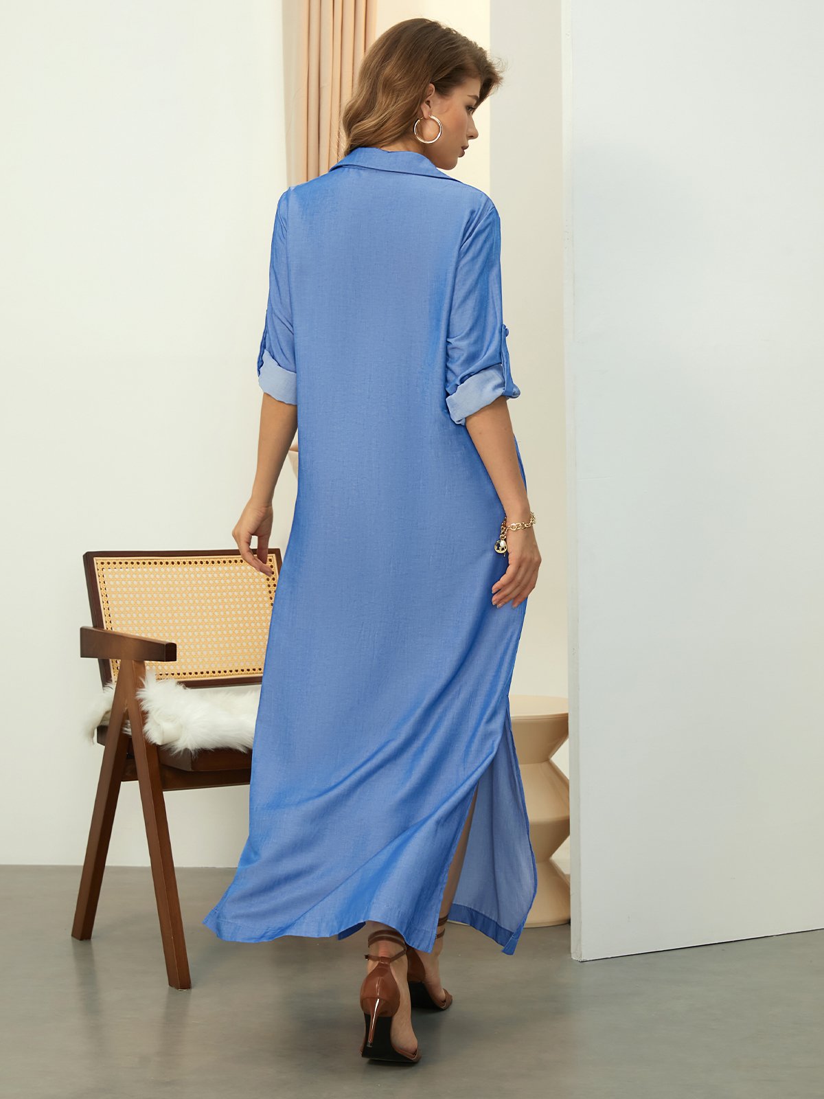 Casual Shirt Collar Loose Plain Maxi Dress