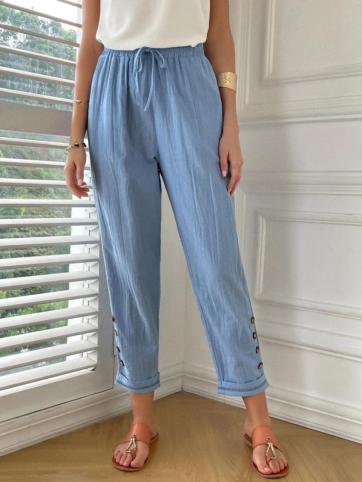 Cotton Casual Loose Buttoned Pants