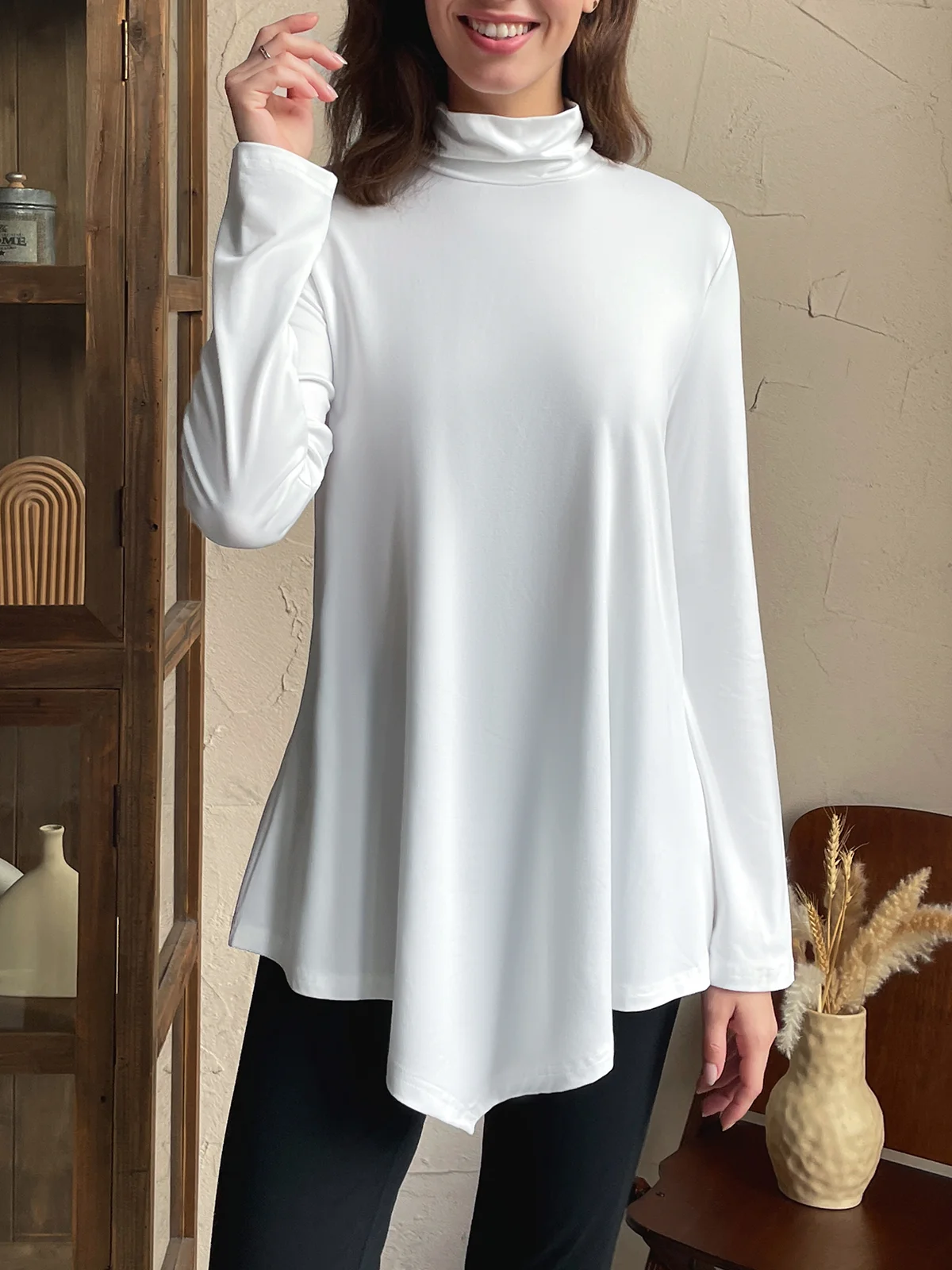 Casual Plain Turtleneck Long Sleeve Loose Daily Basic T-shirt