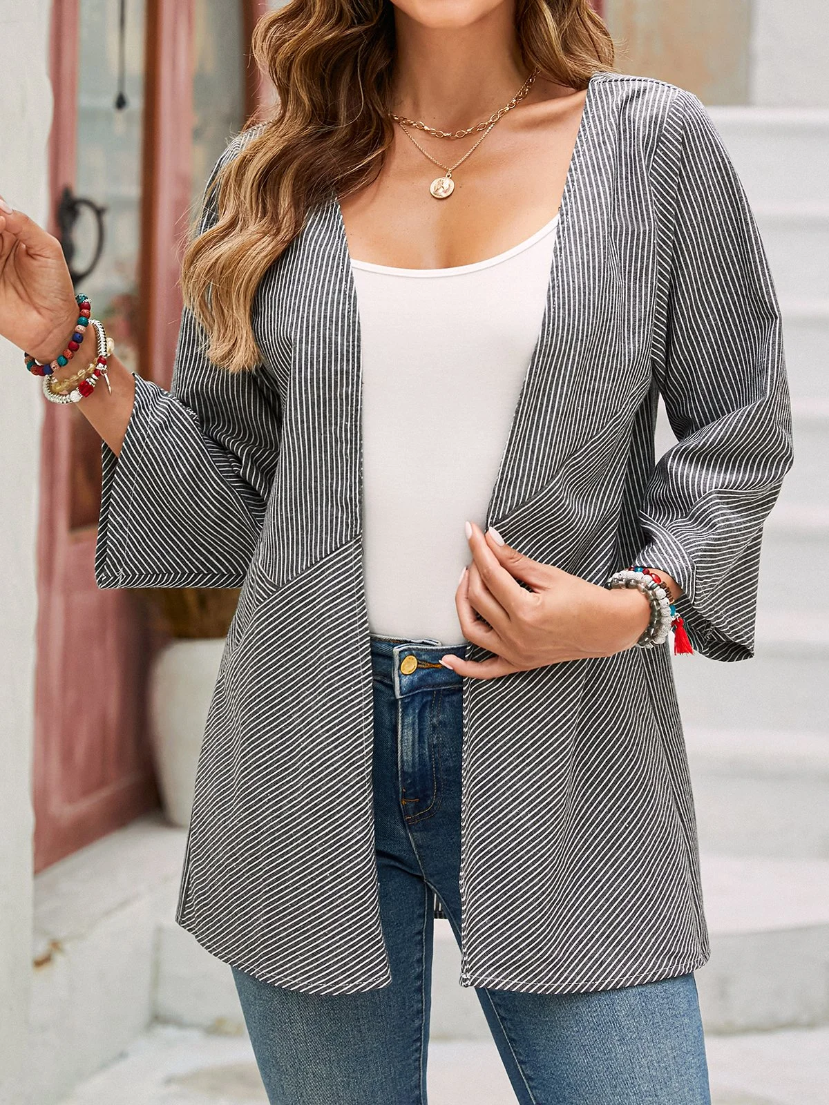 Women's Striped Regular Loose Kimono