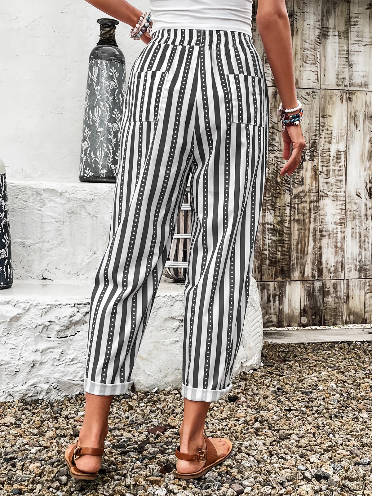 Casual Striped Long Pocket Stitching Pant