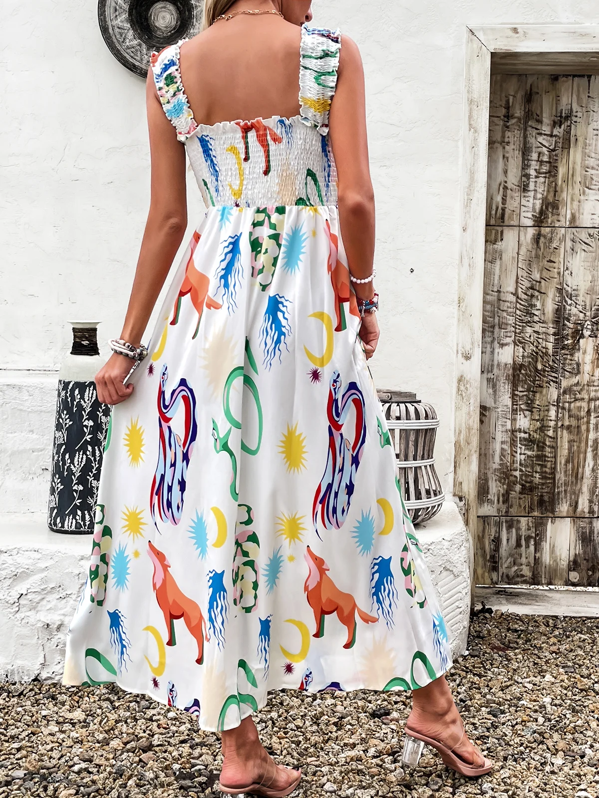 Women Geometric Spaghetti Sleeveless Comfy Vacation Scramble Maxi Dress