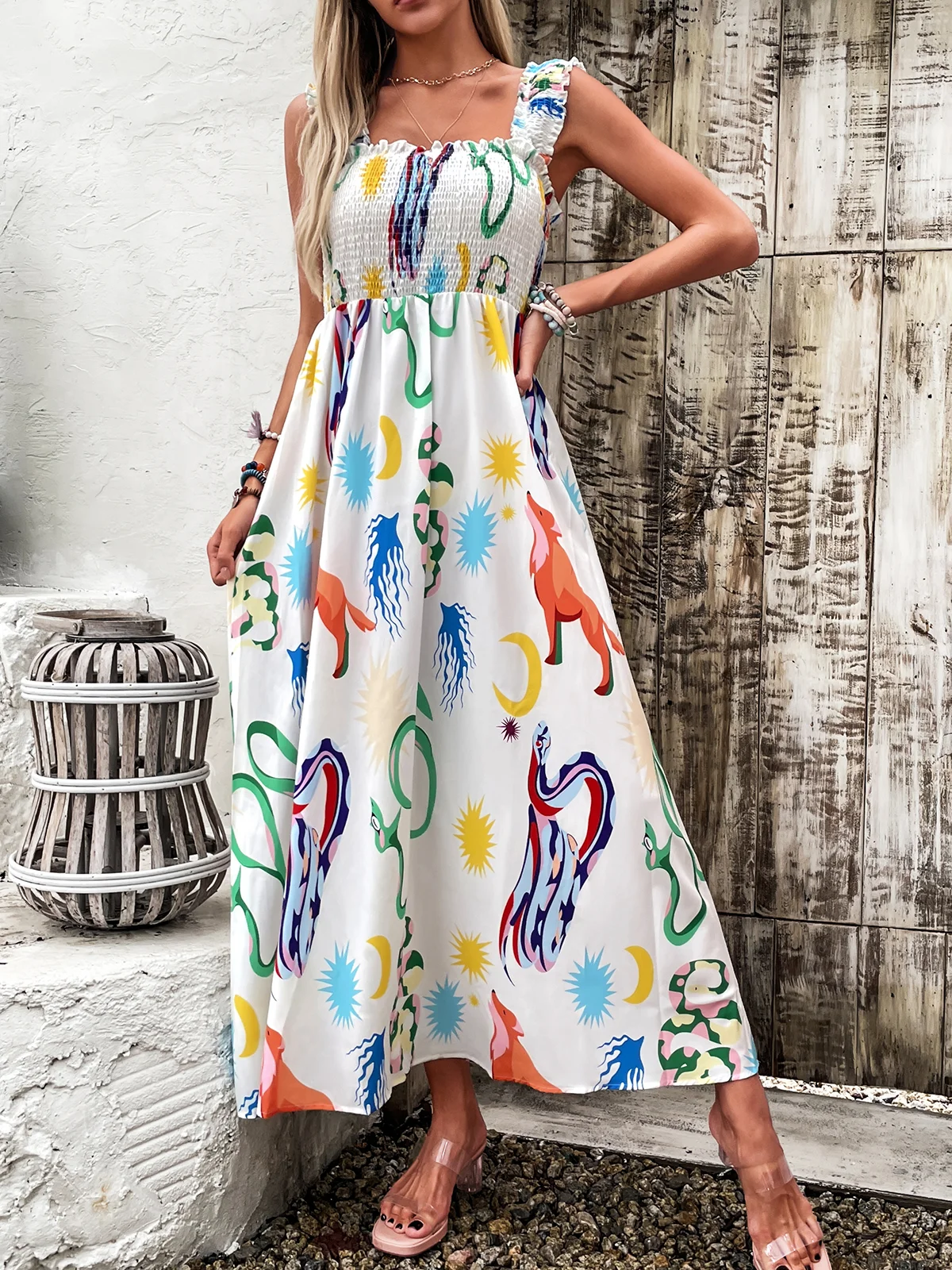 Women Geometric Spaghetti Sleeveless Comfy Vacation Scramble Maxi Dress