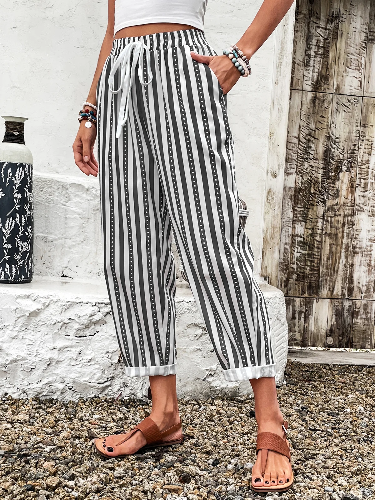 Casual Striped Long Pocket Stitching Pant