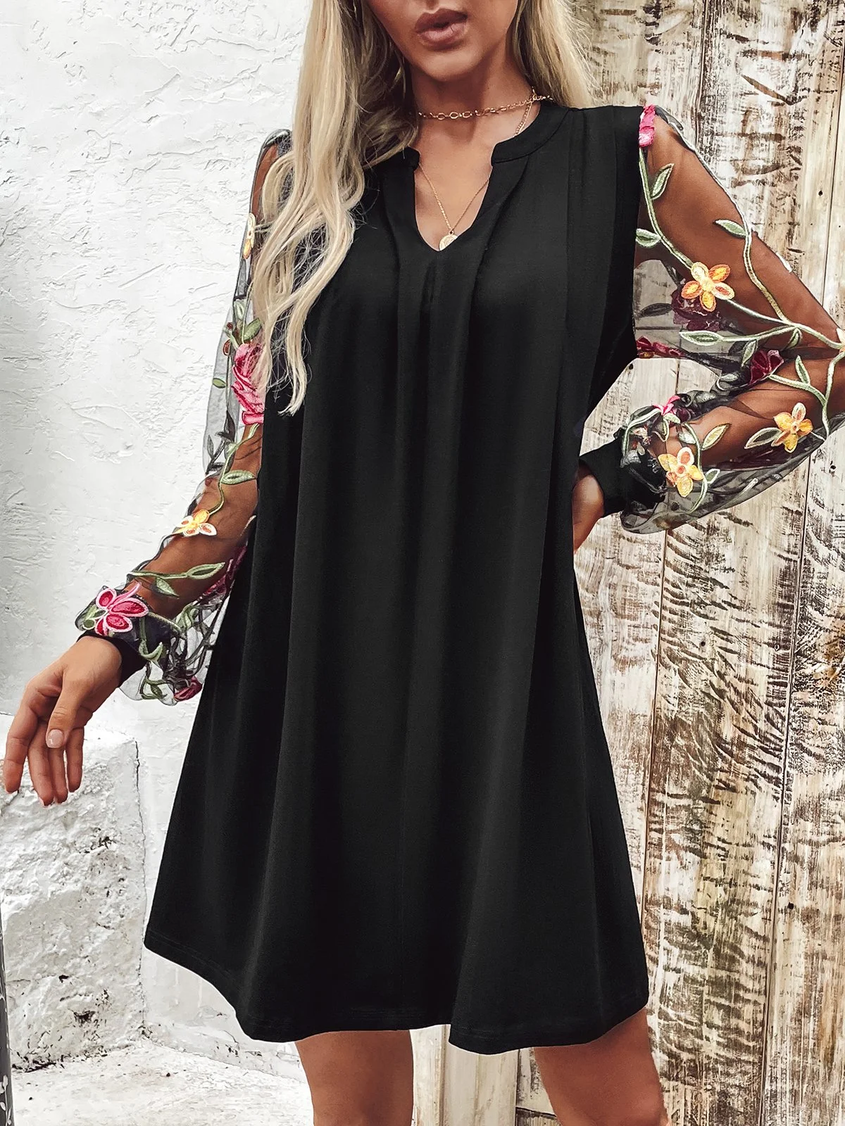 Women Floral V Neck Long Sleeve Comfy Casual Mesh Mini Dress