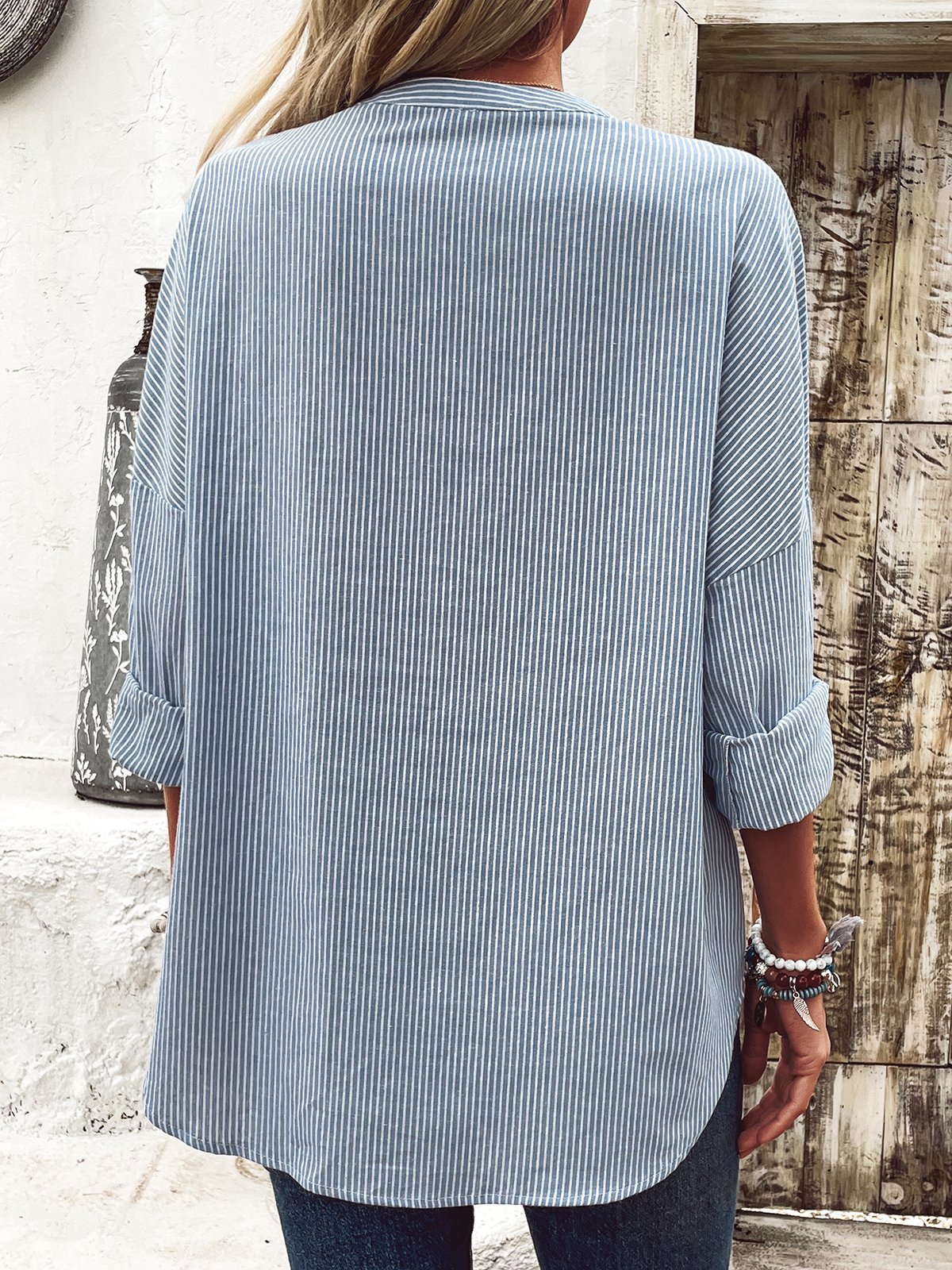 Shirt Collar Long Sleeve Striped Regular Loose Blouse For Women