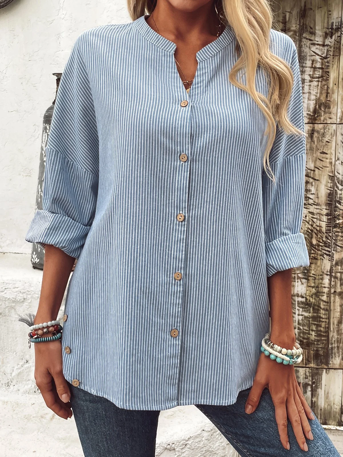 Shirt Collar Long Sleeve Striped Regular Loose Blouse For Women