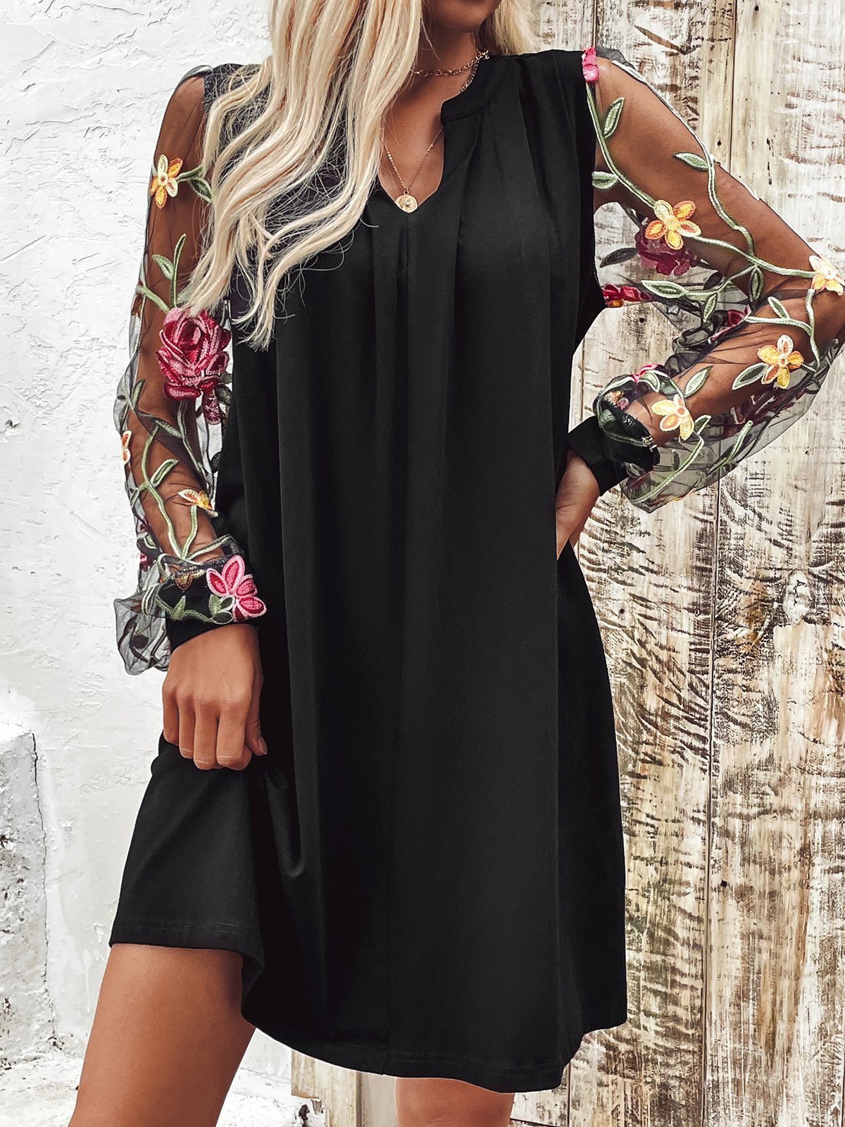 Women Floral V Neck Long Sleeve Comfy Casual Mesh Mini Dress