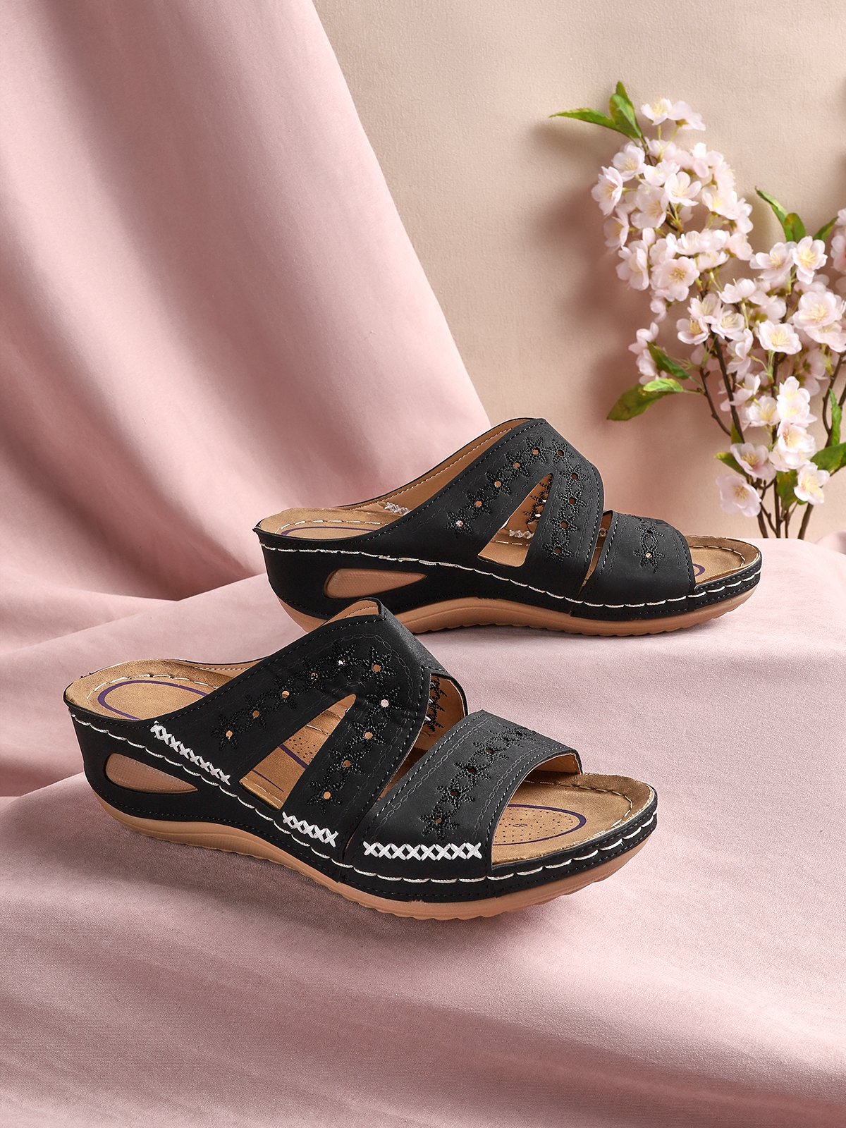 Floral Embroidered Cutout Boho Casual Wedge Slides