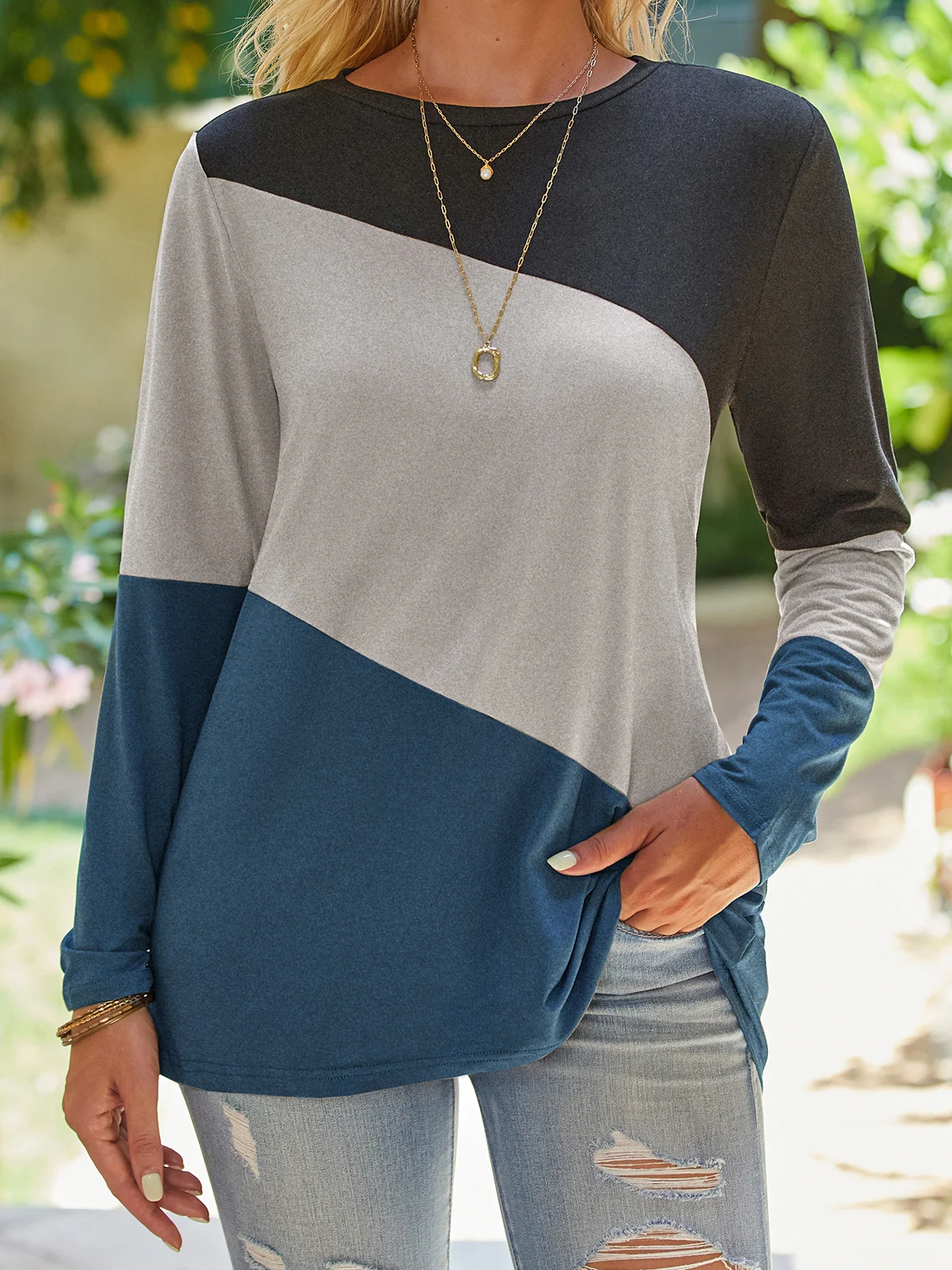 Casual Contrast Stitching Crew Neck Long Sleeve T-shirt