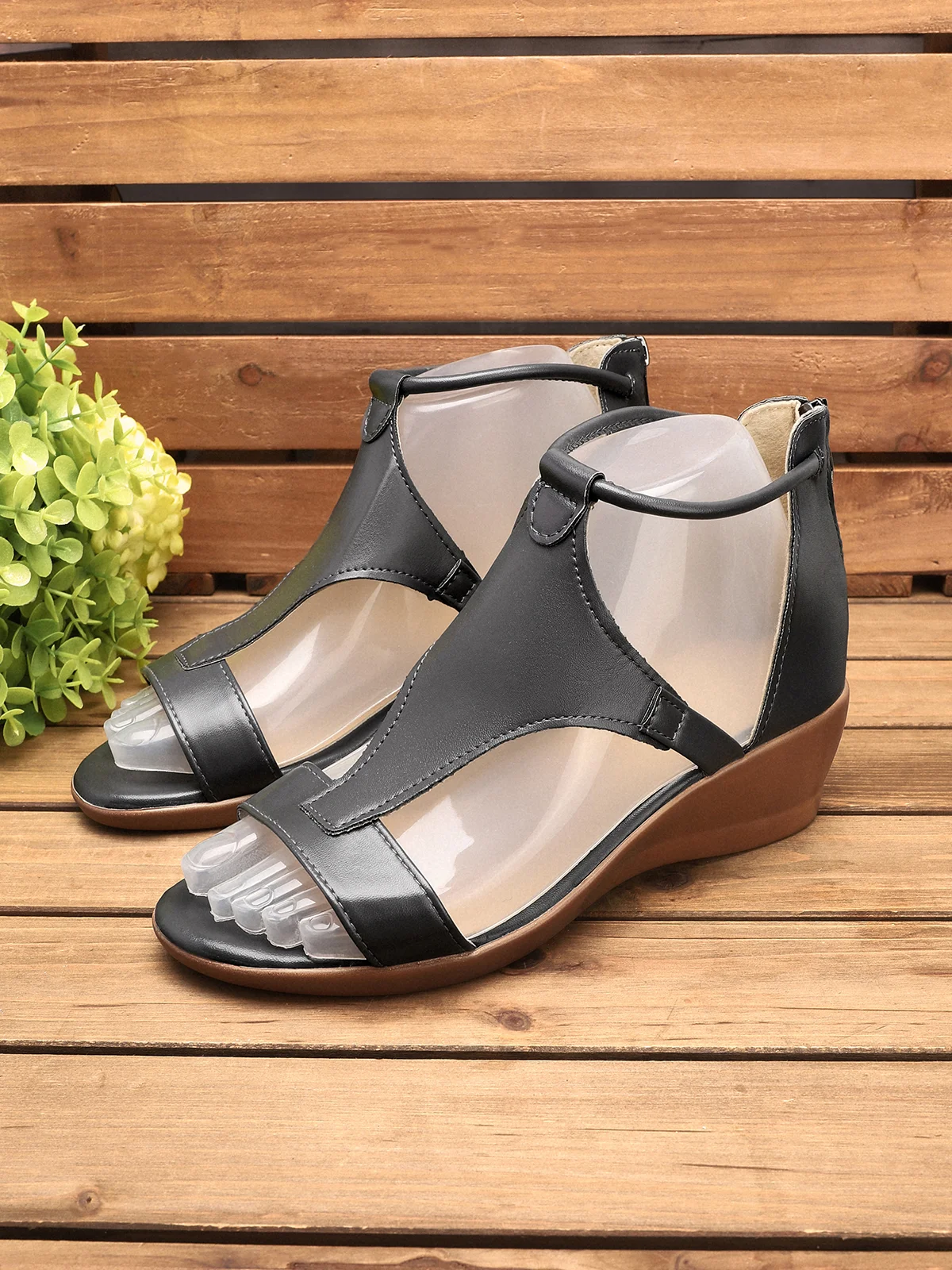 Women Casual Leather Comfy Wedge Sandals