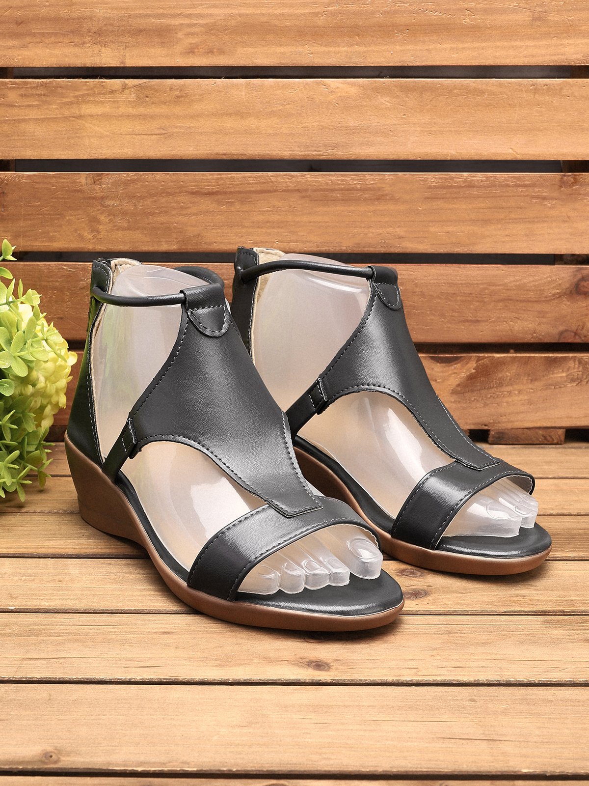 Women Casual Leather Comfy Wedge Sandals