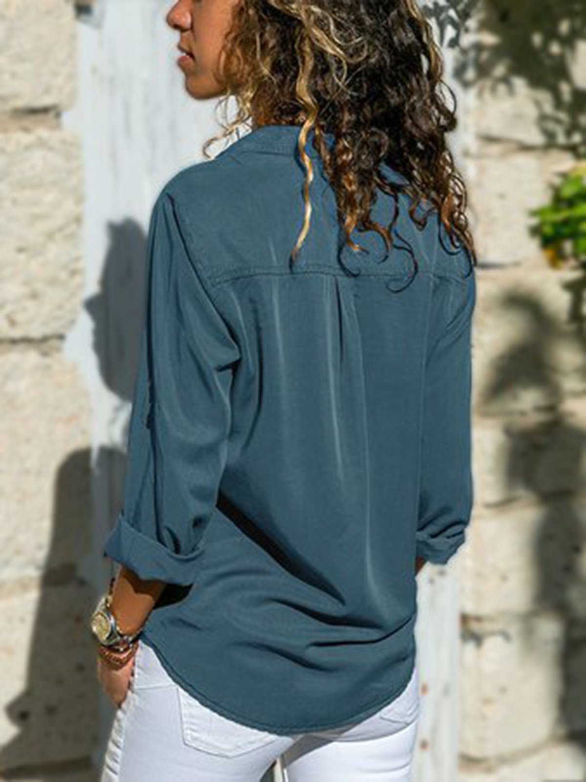 Women Shirt Fashion Turn Down Collar Solid V Neck Long Sleeve Blouse