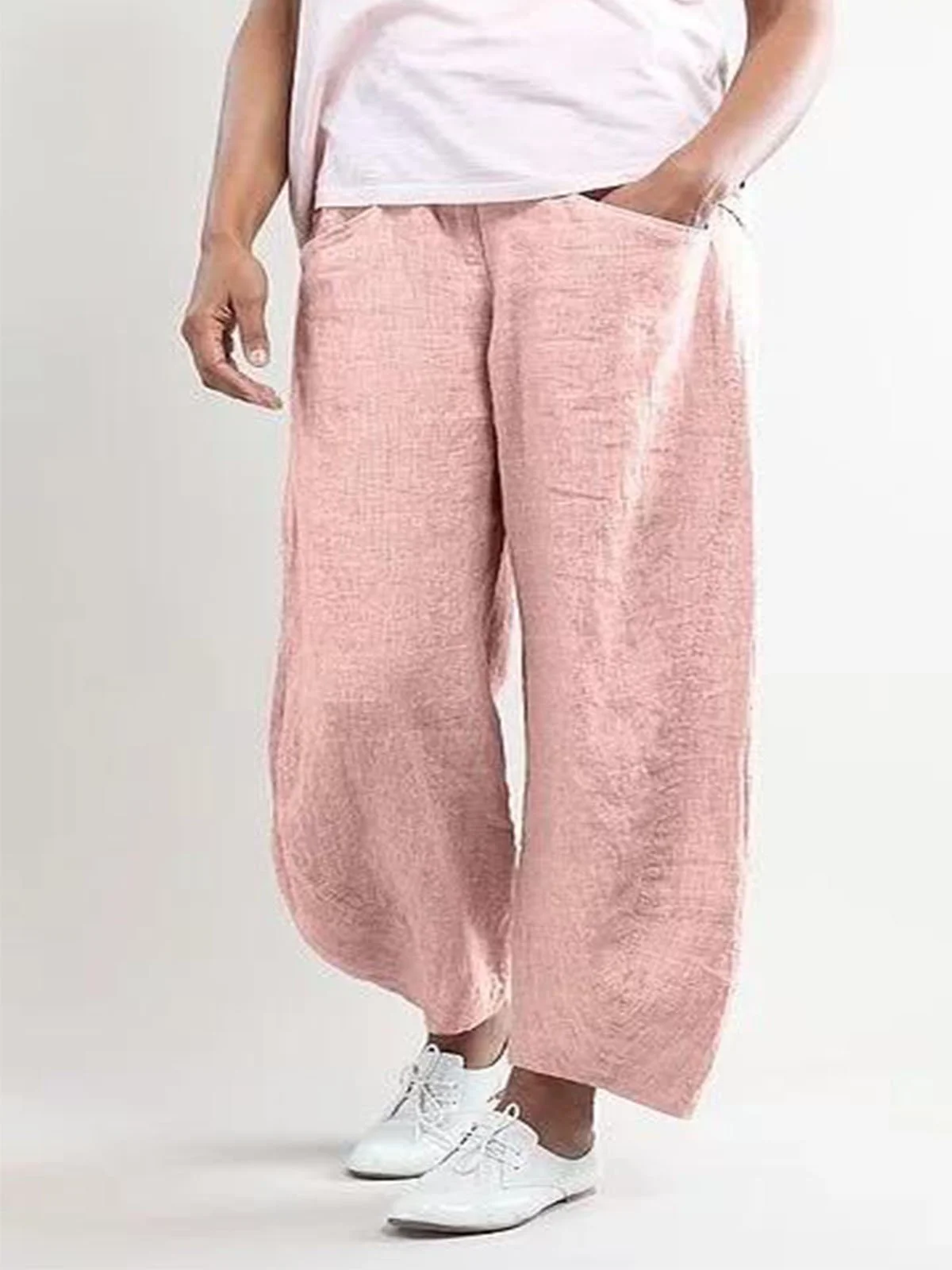 Women Summer Pink Cotton Pockets Shift Casual Capri Pants