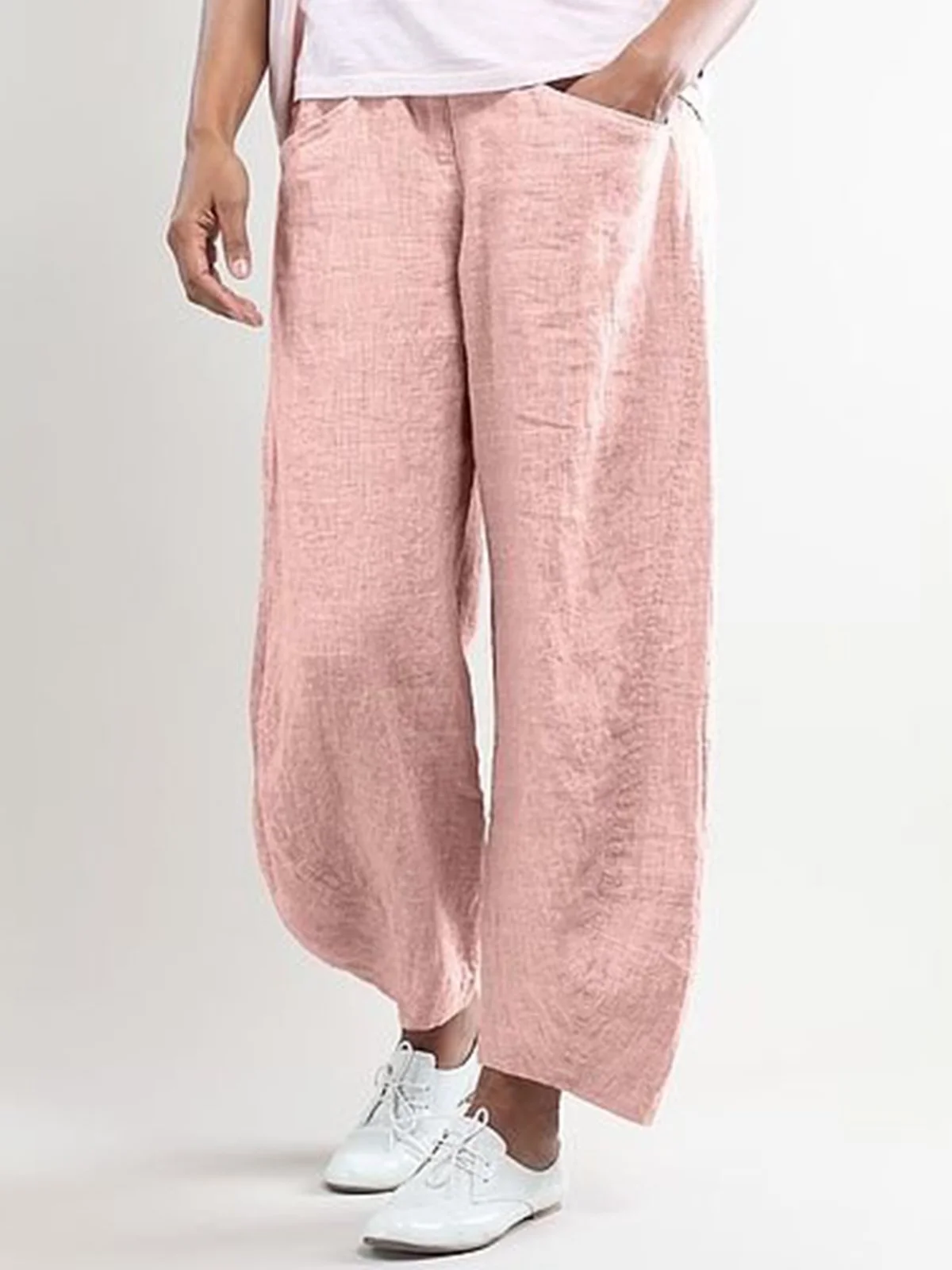 Women Summer Pink Cotton Pockets Shift Casual Capri Pants