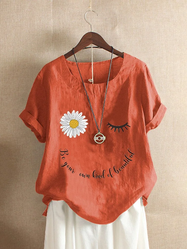Sun Flower Alphabet Printed Cotton Blended Casual Short Sleeve Top