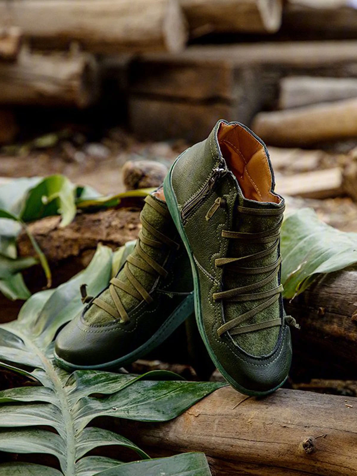 Women Lether Fall Flat Heel PU Boots