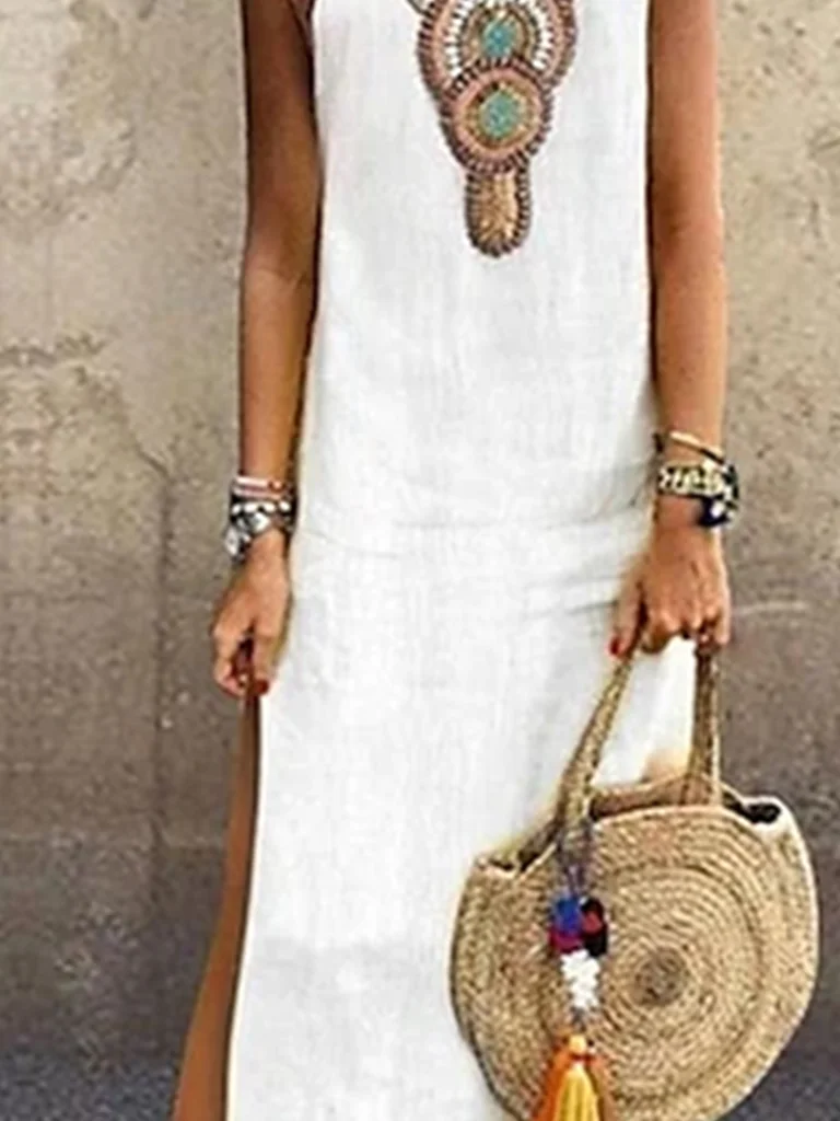 Women Ethnic V Neck Sleeveless Comfy Vacation Maxi Dress