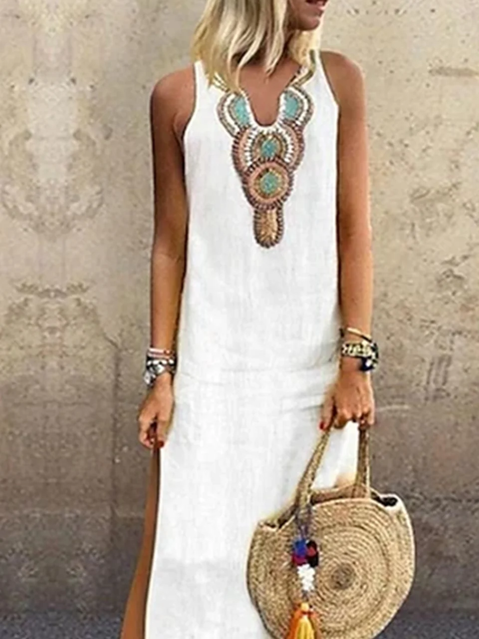 Women Ethnic V Neck Sleeveless Comfy Vacation Maxi Dress