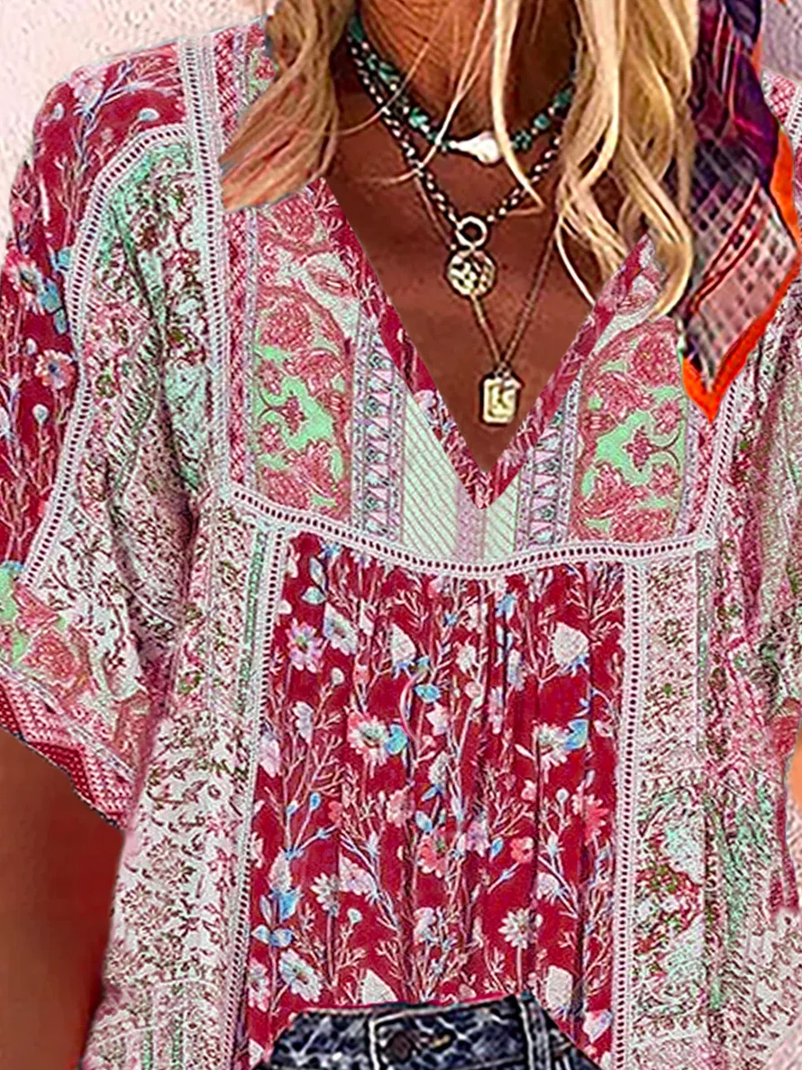 V Neck Boho Casual Half Sleeve Floral Blouse