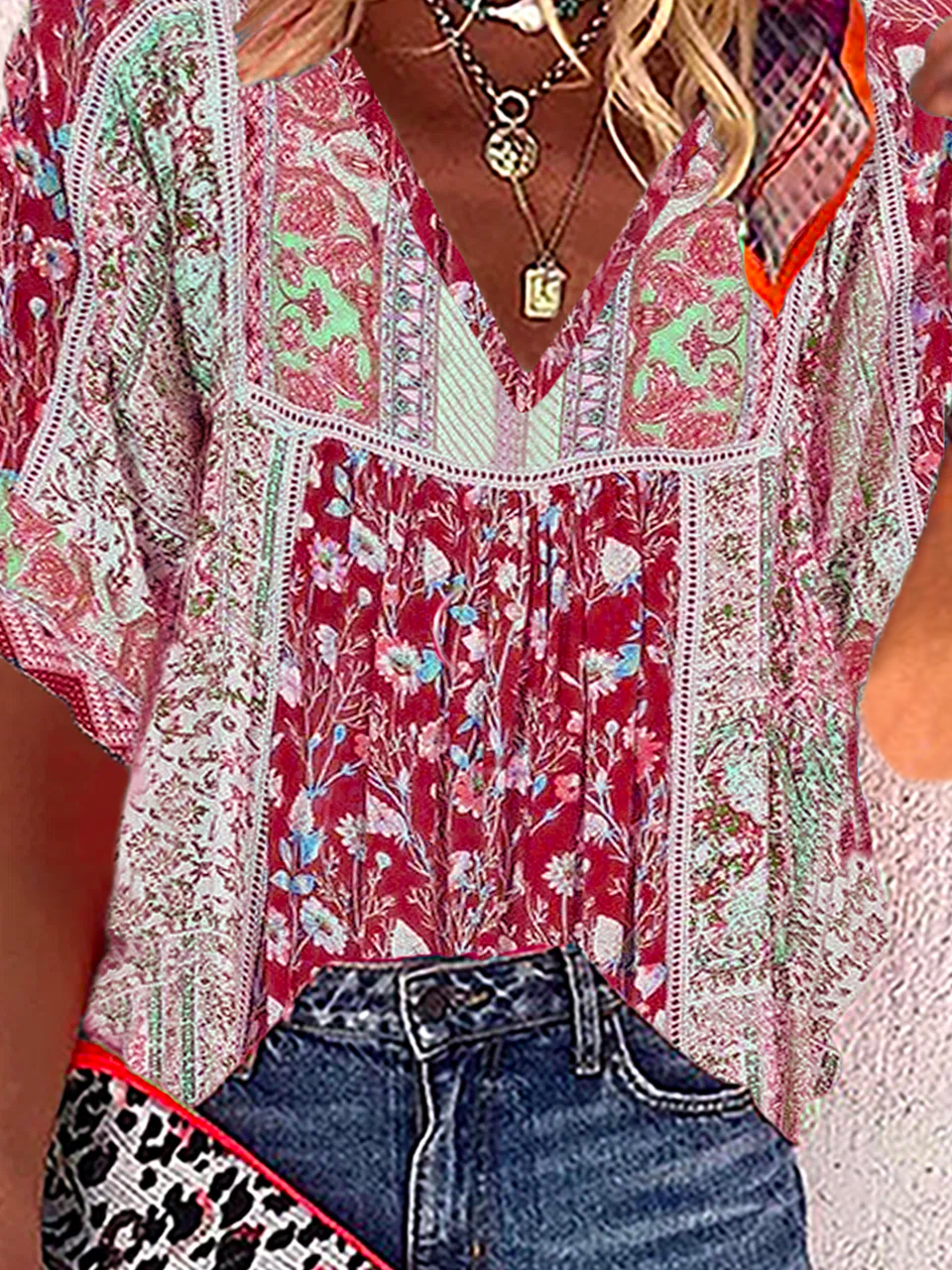 V Neck Boho Casual Half Sleeve Floral Blouse