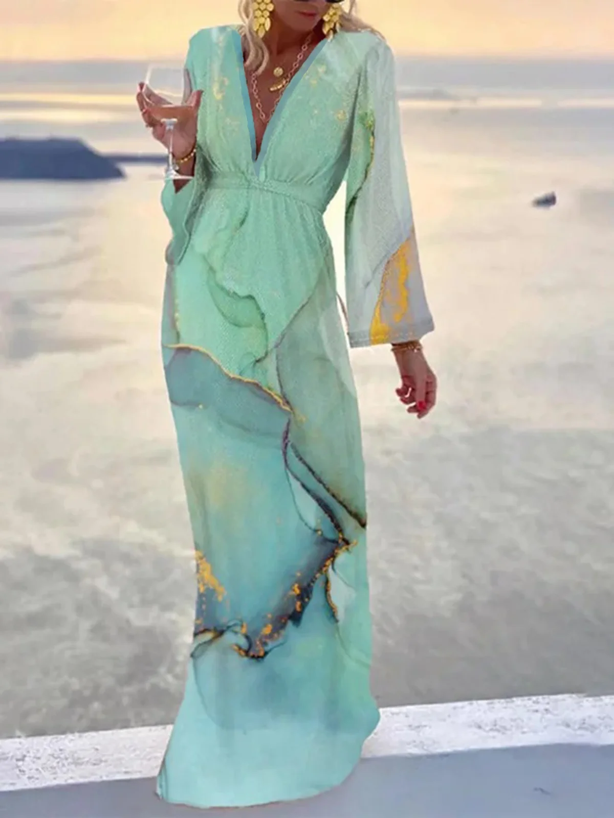 Landscape Print Boho V Neck Long Sleeve Loose A-line Dress