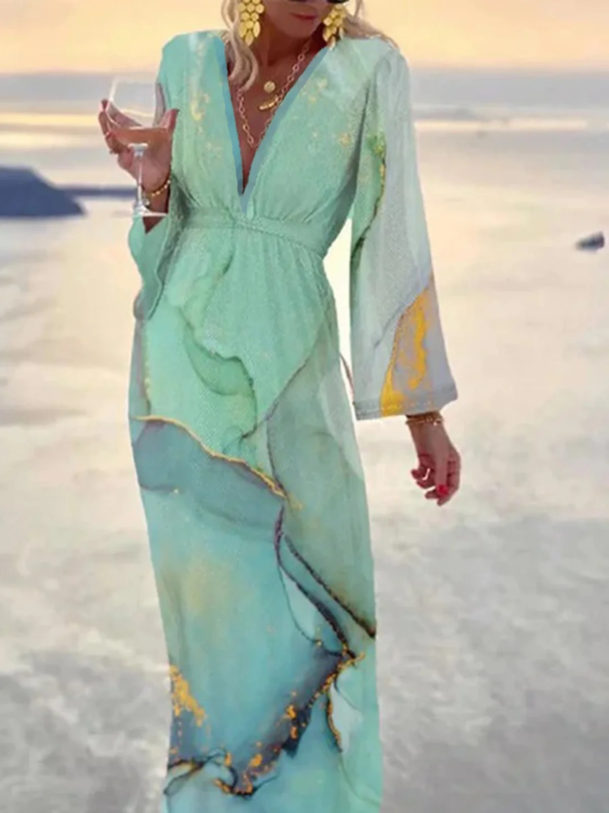 Landscape Print Boho V Neck Long Sleeve Loose A-line Dress