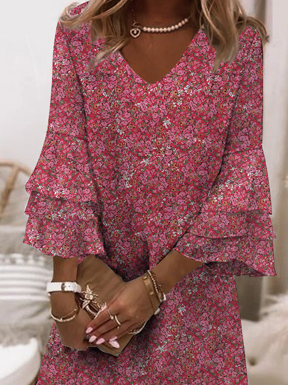 Women's Vacation Dress V Neck Loose Romantic Boho Short Sleeve Woven Tunic Dress