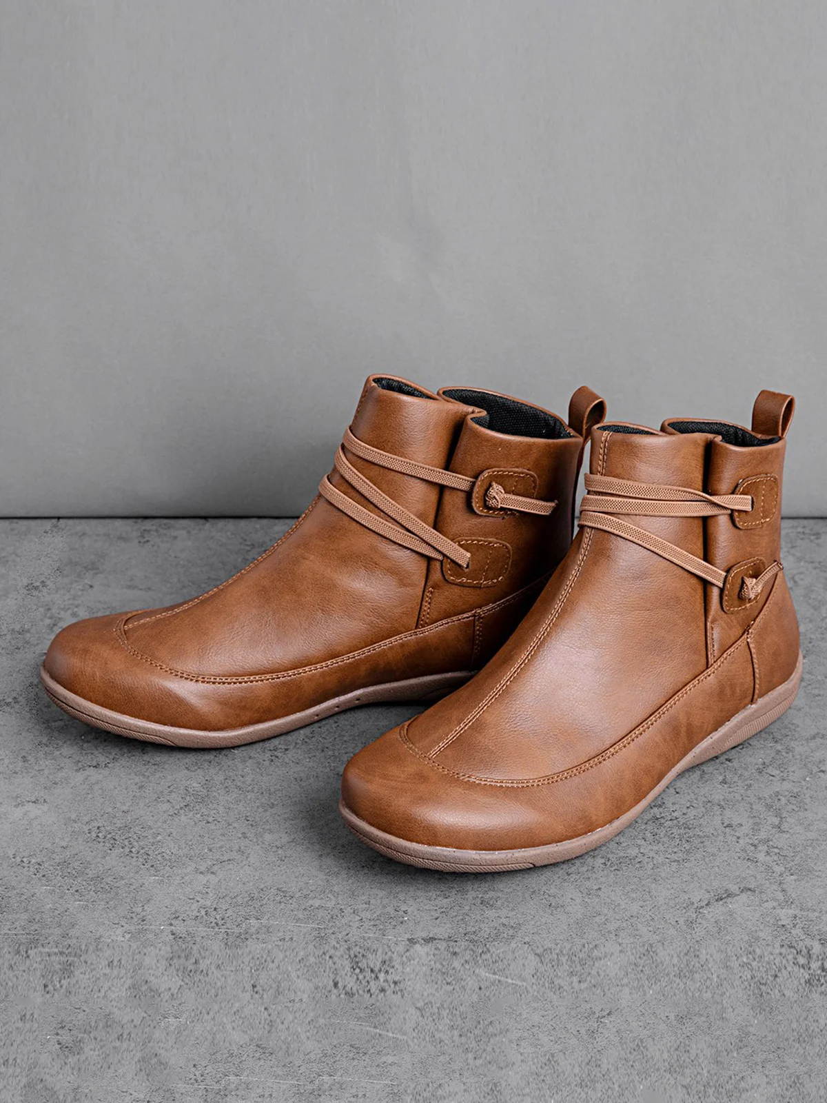 Women Casual Soft Braided Strap Lether PU Flat Heel Snow Boots