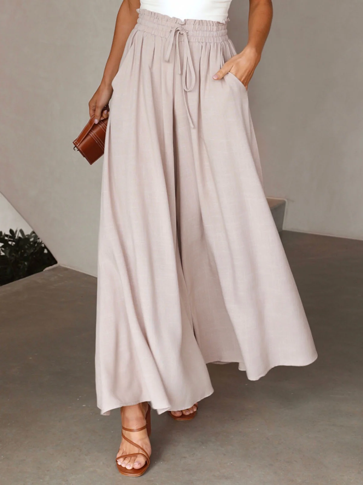 Women Plain Casual Wide Leg Shirred Waist Pants