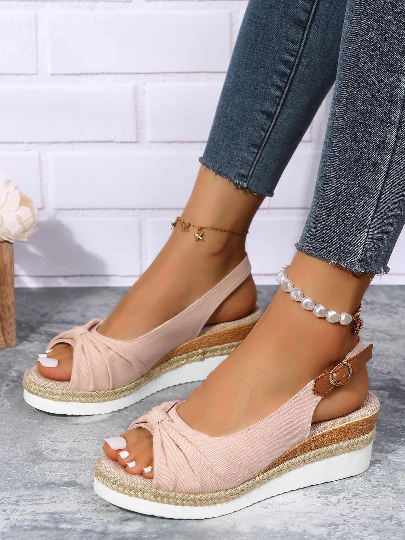 Women Summer Bow Weave Fish Mouth Non-Slip Block Heel Wedge Sandals