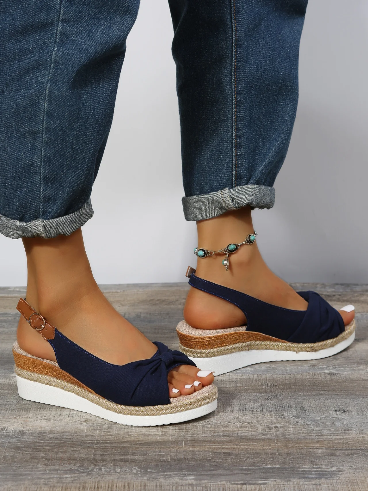 Women Summer Bow Weave Fish Mouth Non-Slip Block Heel Wedge Sandals