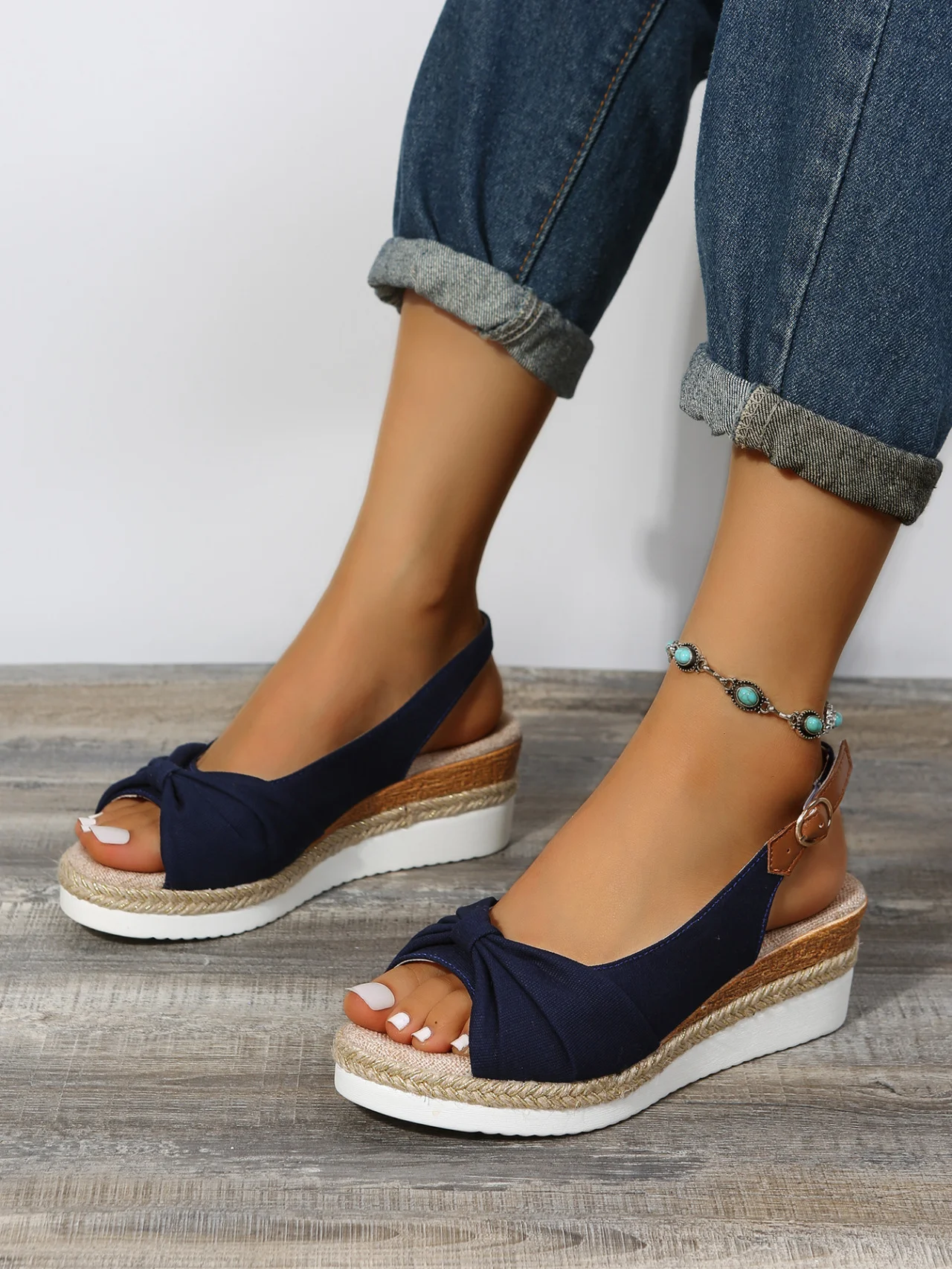 Women Summer Bow Weave Fish Mouth Non-Slip Block Heel Wedge Sandals