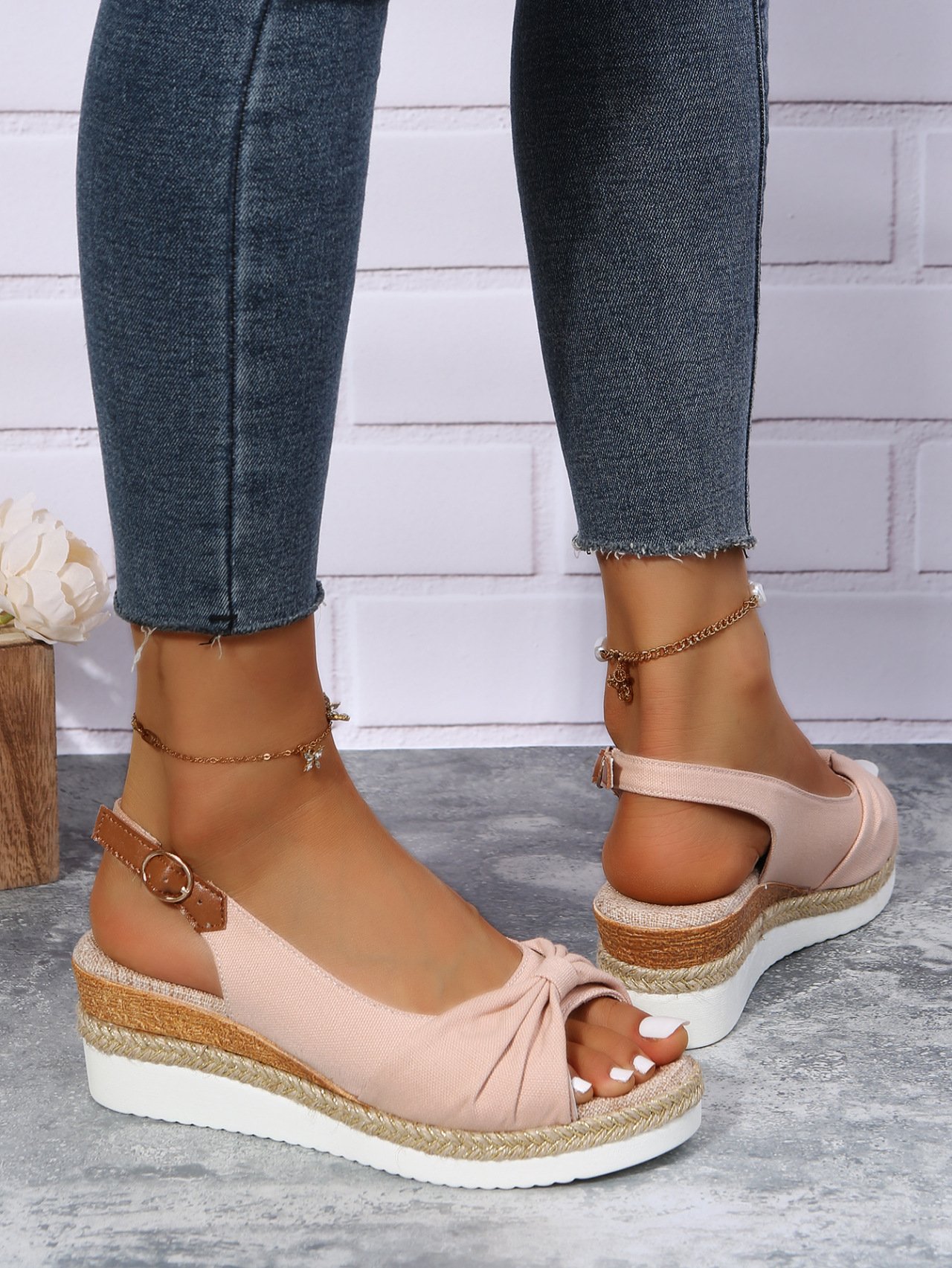 Women Summer Bow Weave Fish Mouth Non-Slip Block Heel Wedge Sandals